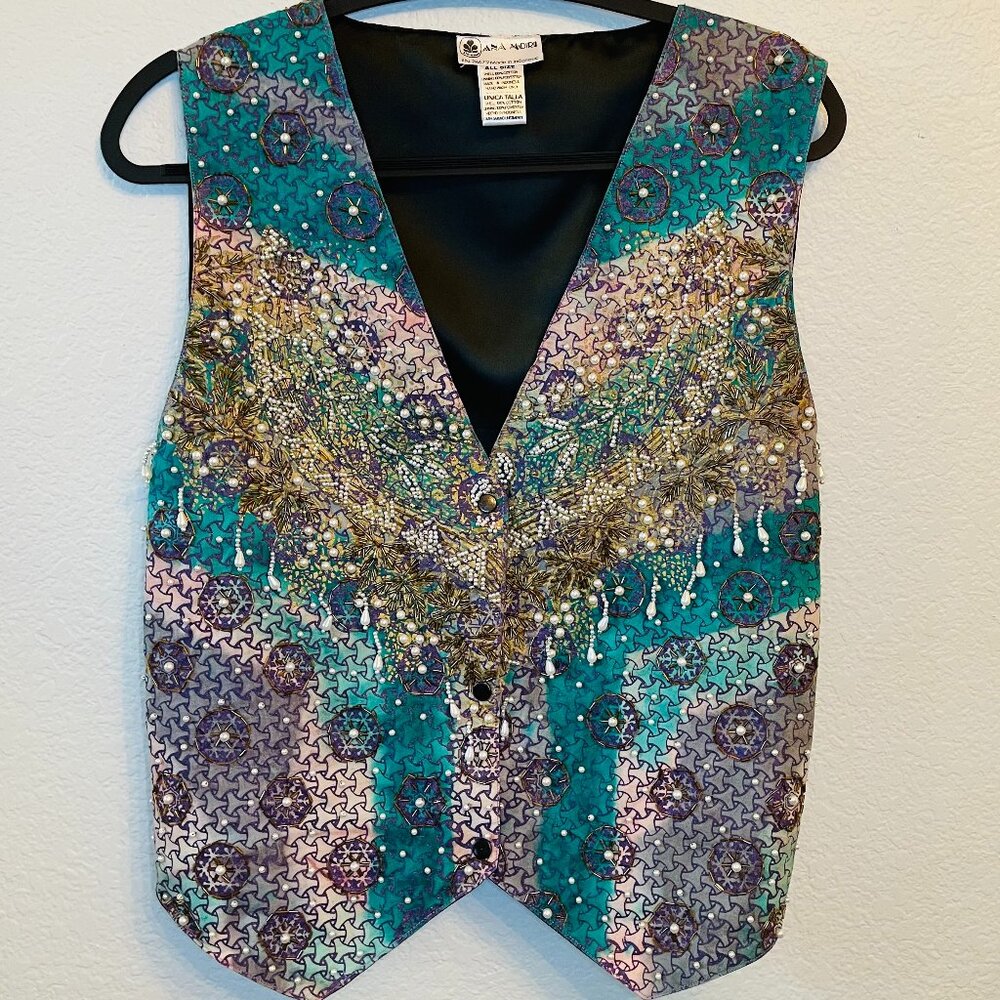 Ana Mori Vintage Blue Purple Beaded Embellished Boho Adjustable Button Vest